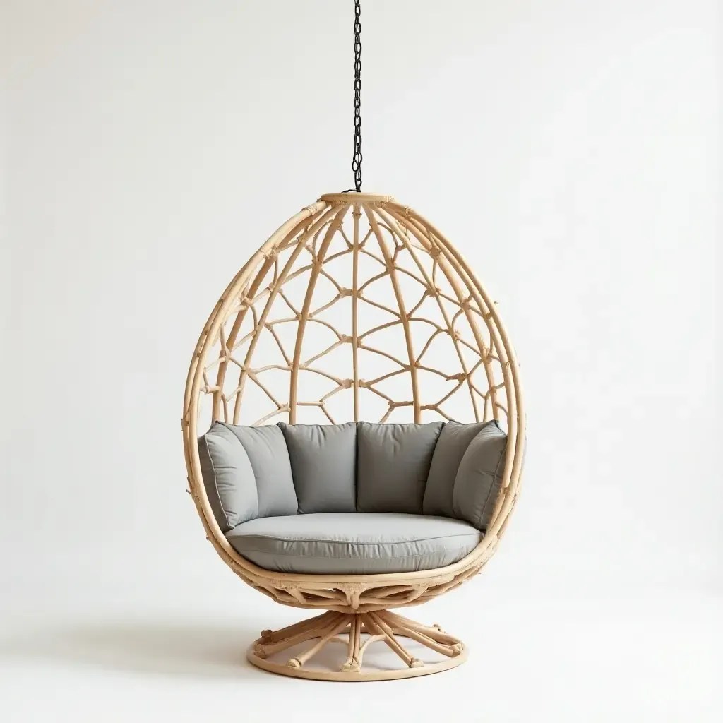 a photo of a unique hanging chair with a geometric design