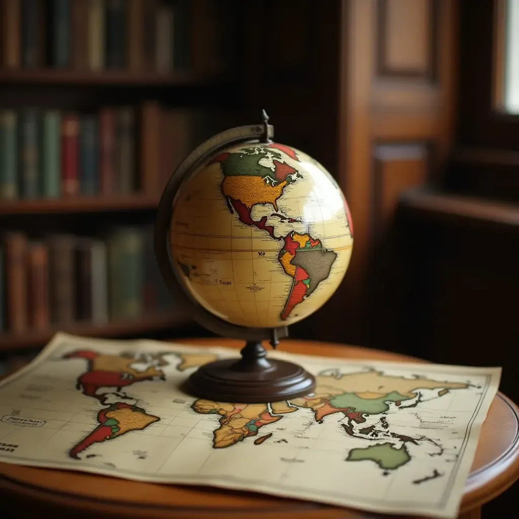 a photo of vintage globe and maps on a wooden table in a library setting