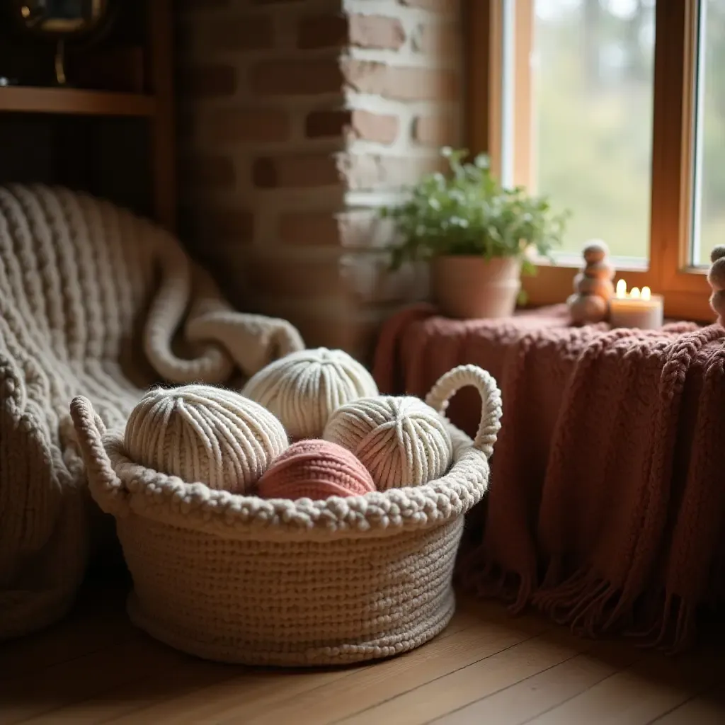 a photo of a cozy corner with a knitting basket and warm blankets