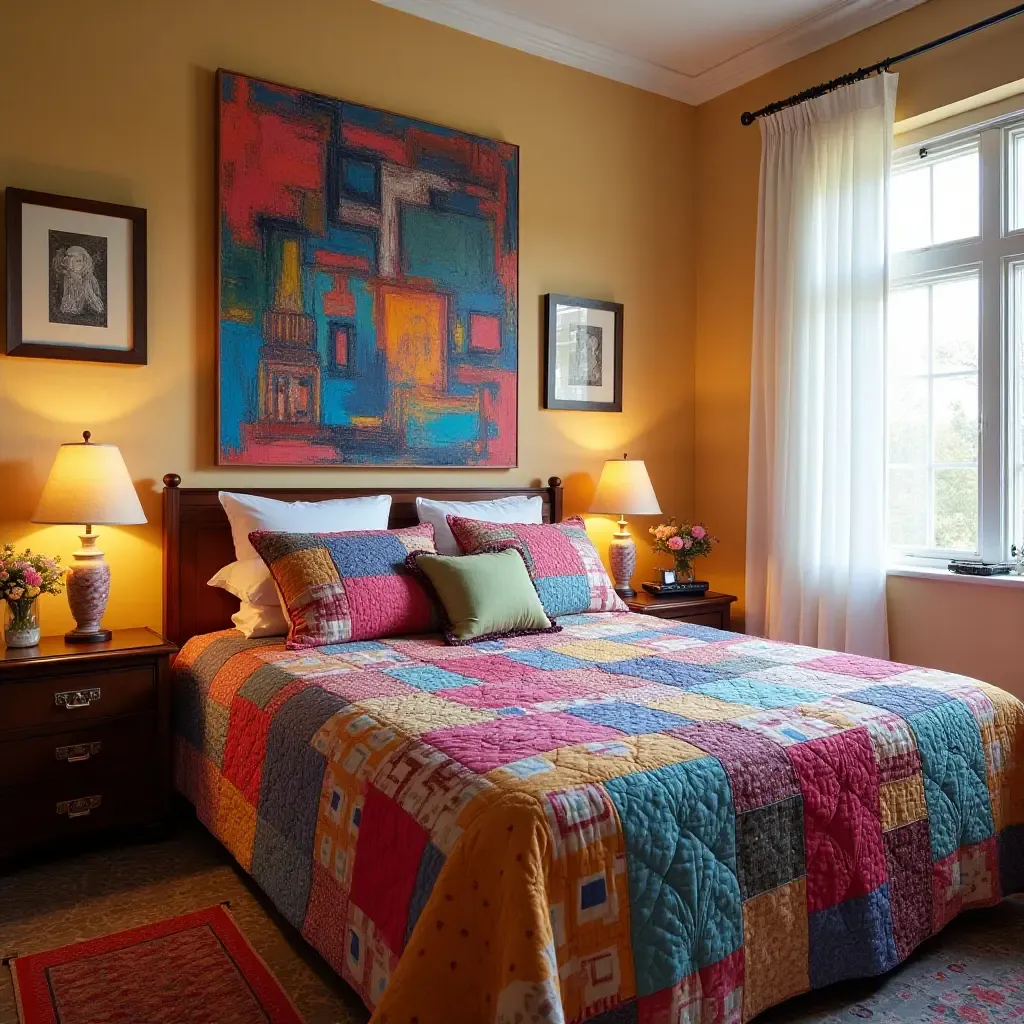 a photo of a vibrant bedroom with a patchwork bedspread and colorful wall art