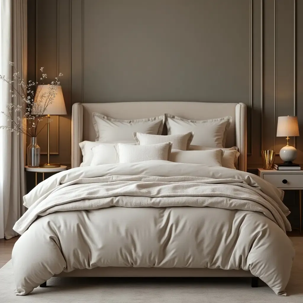 a photo of an elegant bed with layered bedding textures