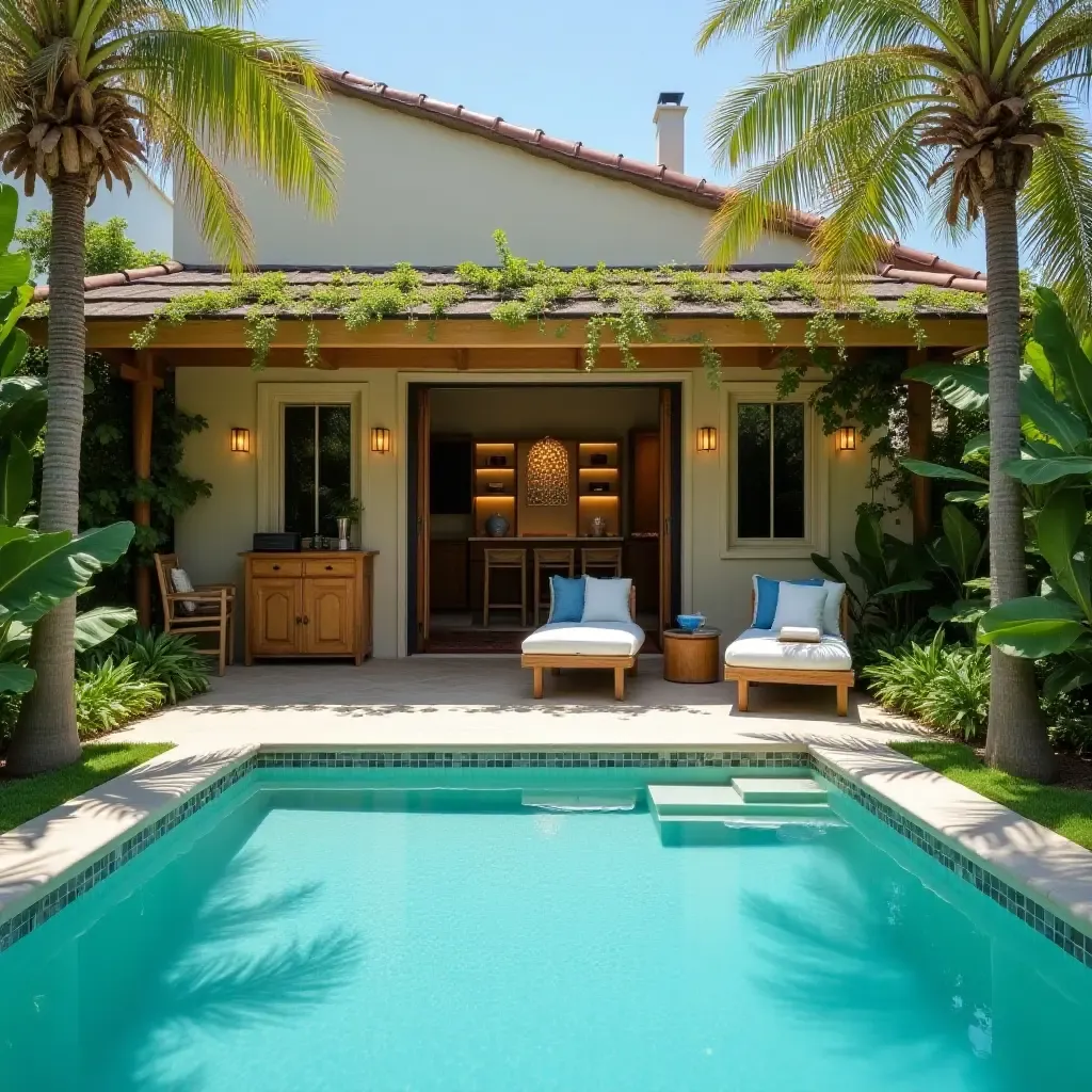 a photo of a tropical-themed pool area with organized storage