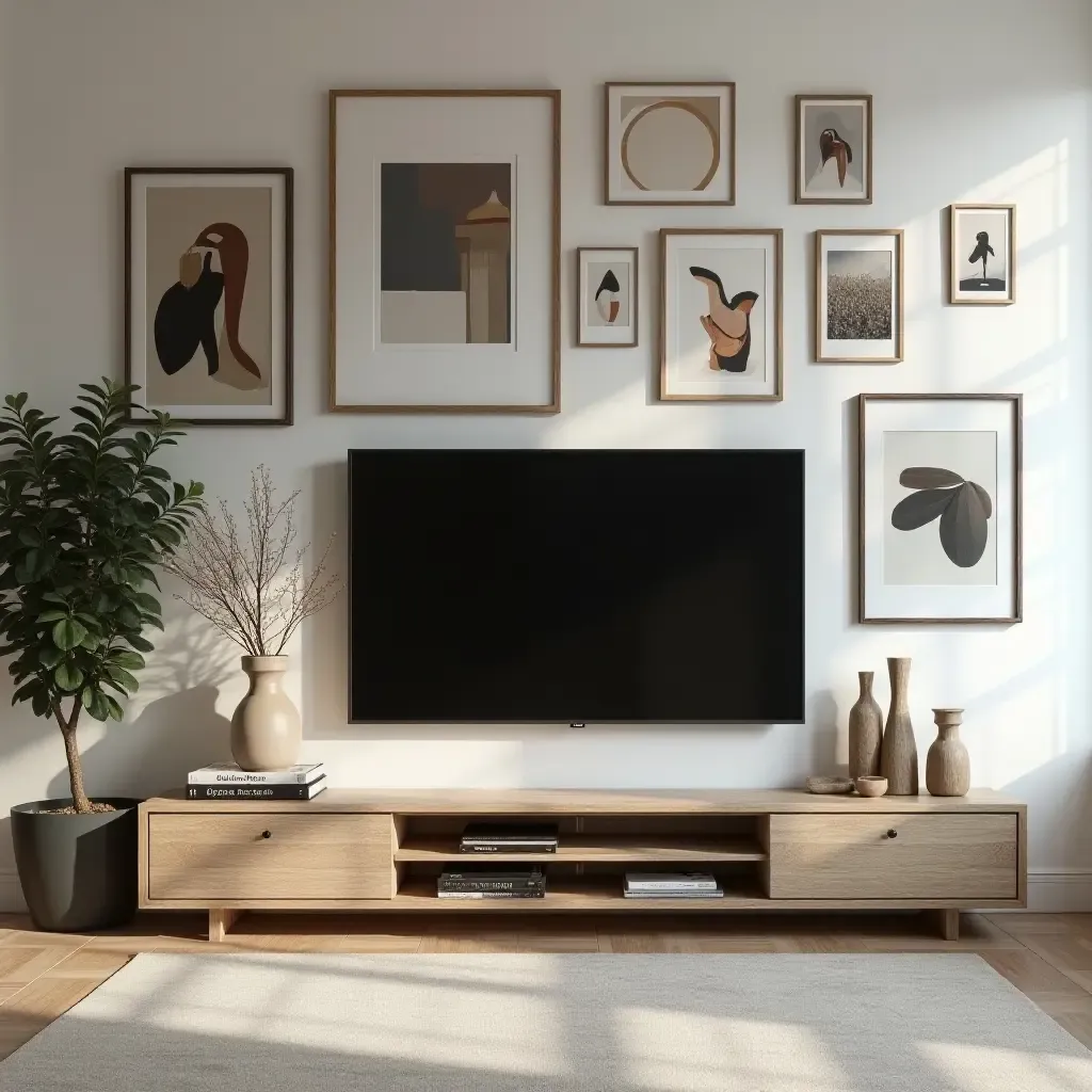 a photo of a TV room with a gallery wall of art