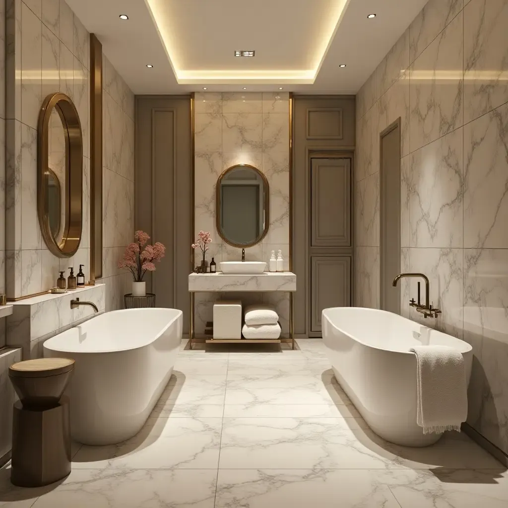 a photo of a luxurious bathroom with elegant tiles and plush furnishings