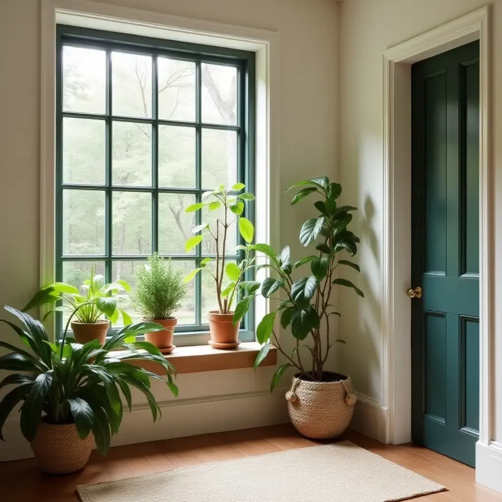 a photo of a cozy entryway featuring a plant-filled window sill