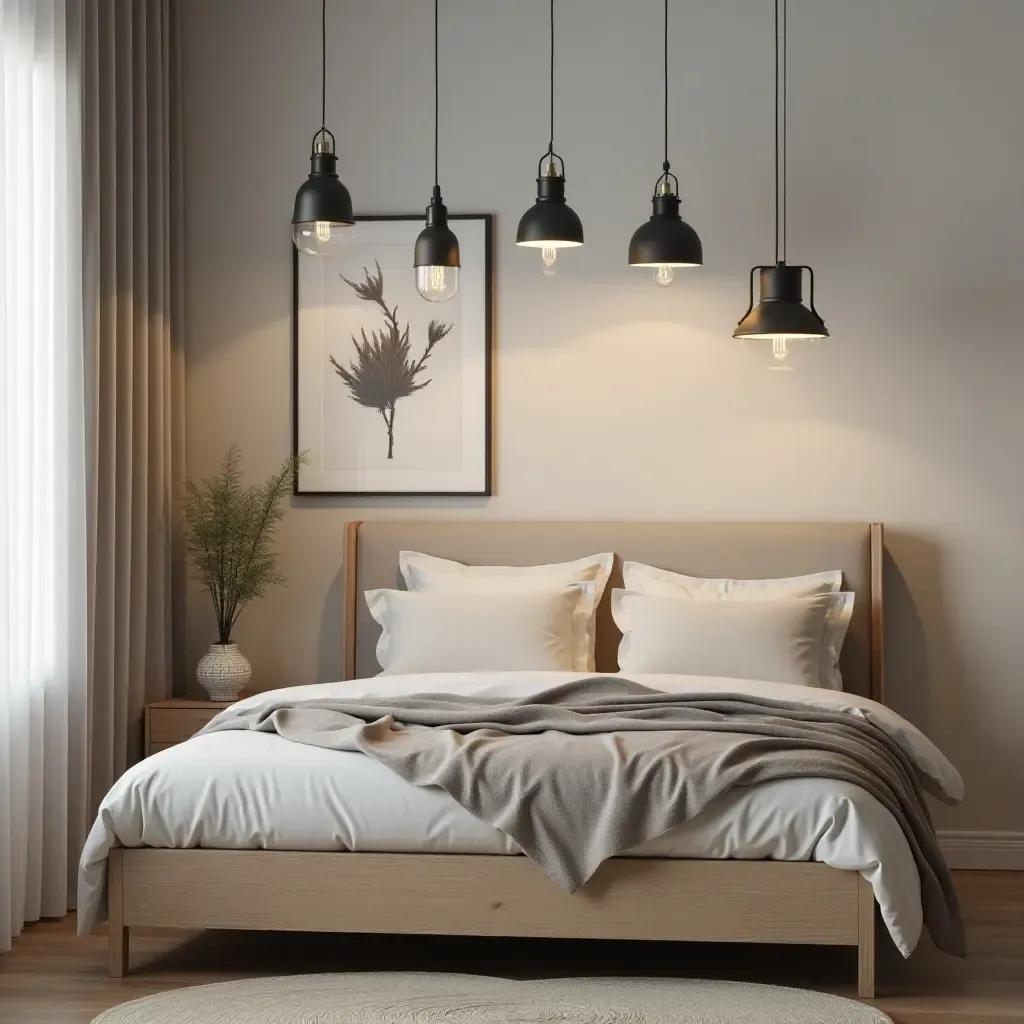 a photo of a chic bedroom with industrial-style pendant lights over the dresser