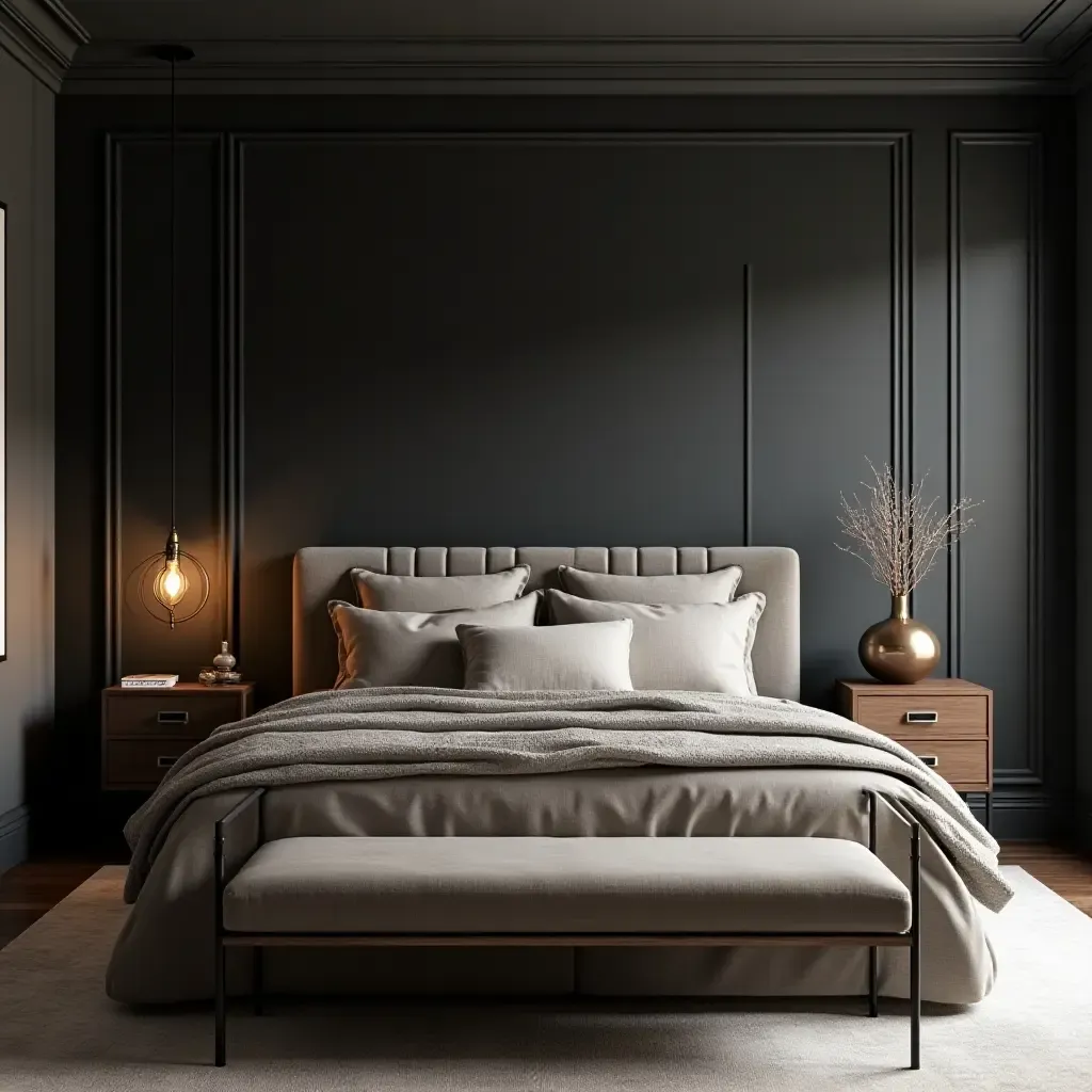 a photo of a stylish master bedroom with a dark color palette and metallic accents