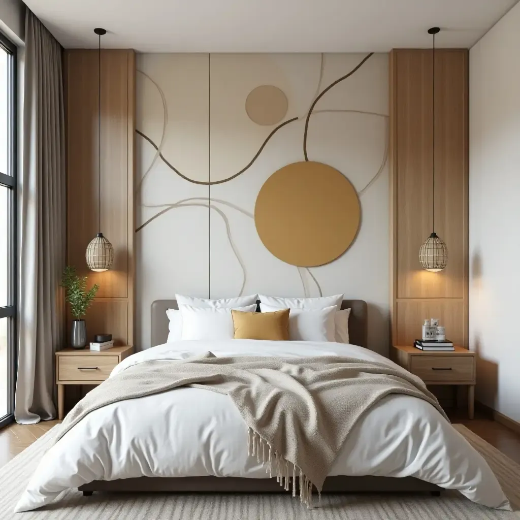 a photo of a modern geometric wall design in a bedroom