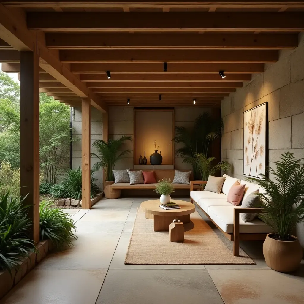 a photo of a basement with wooden furniture and greenery