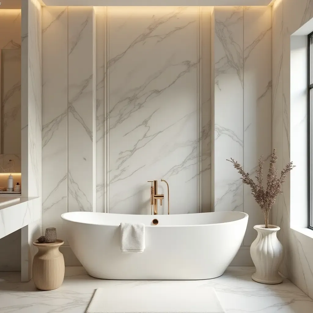 a photo of a serene spa-like bathroom with soft marble accents