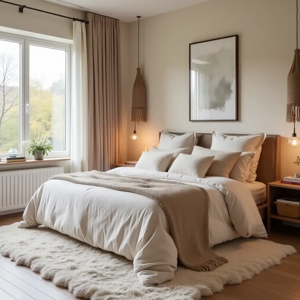 a photo of a dreamy boho bedroom with a plush area rug and soft cushions