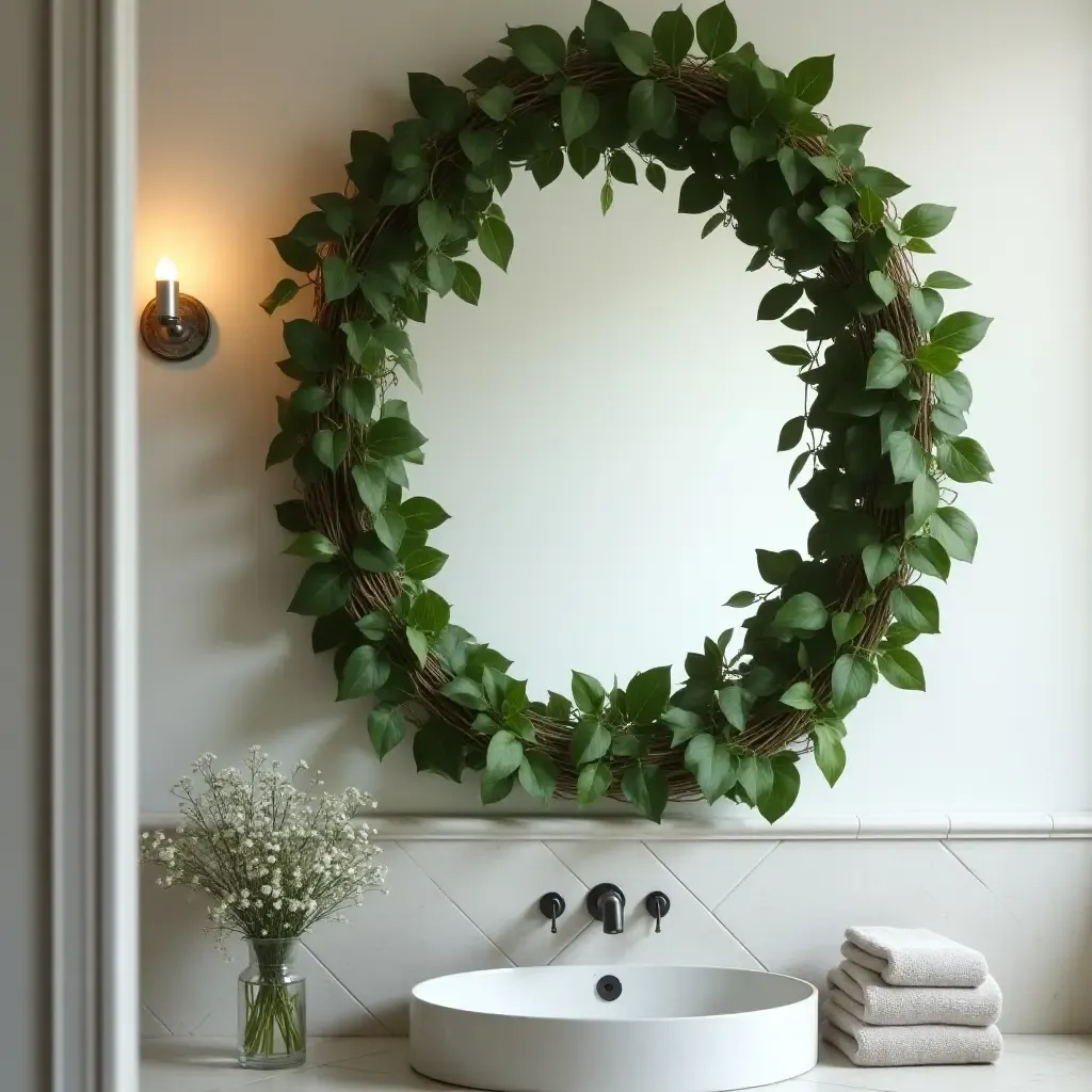 a photo of a charming bathroom mirror framed with ivy