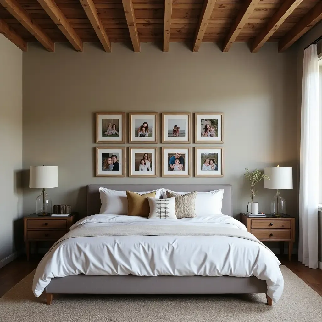 a photo of a rustic bedroom showcasing a gallery wall of framed family photos