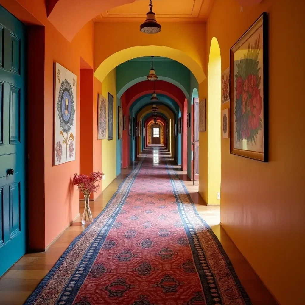 a photo of a colorful corridor with patterned rugs and wall art