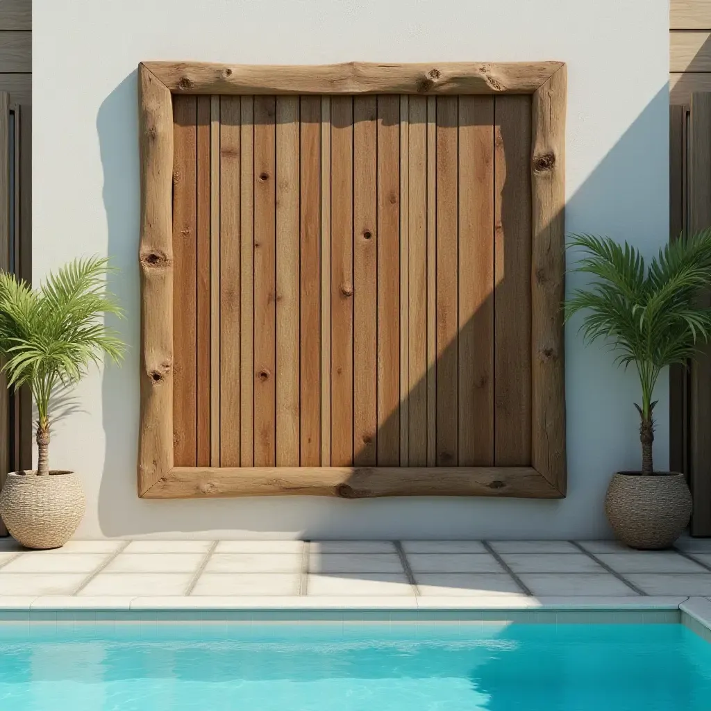 a photo of a rustic wooden wall art piece at the poolside