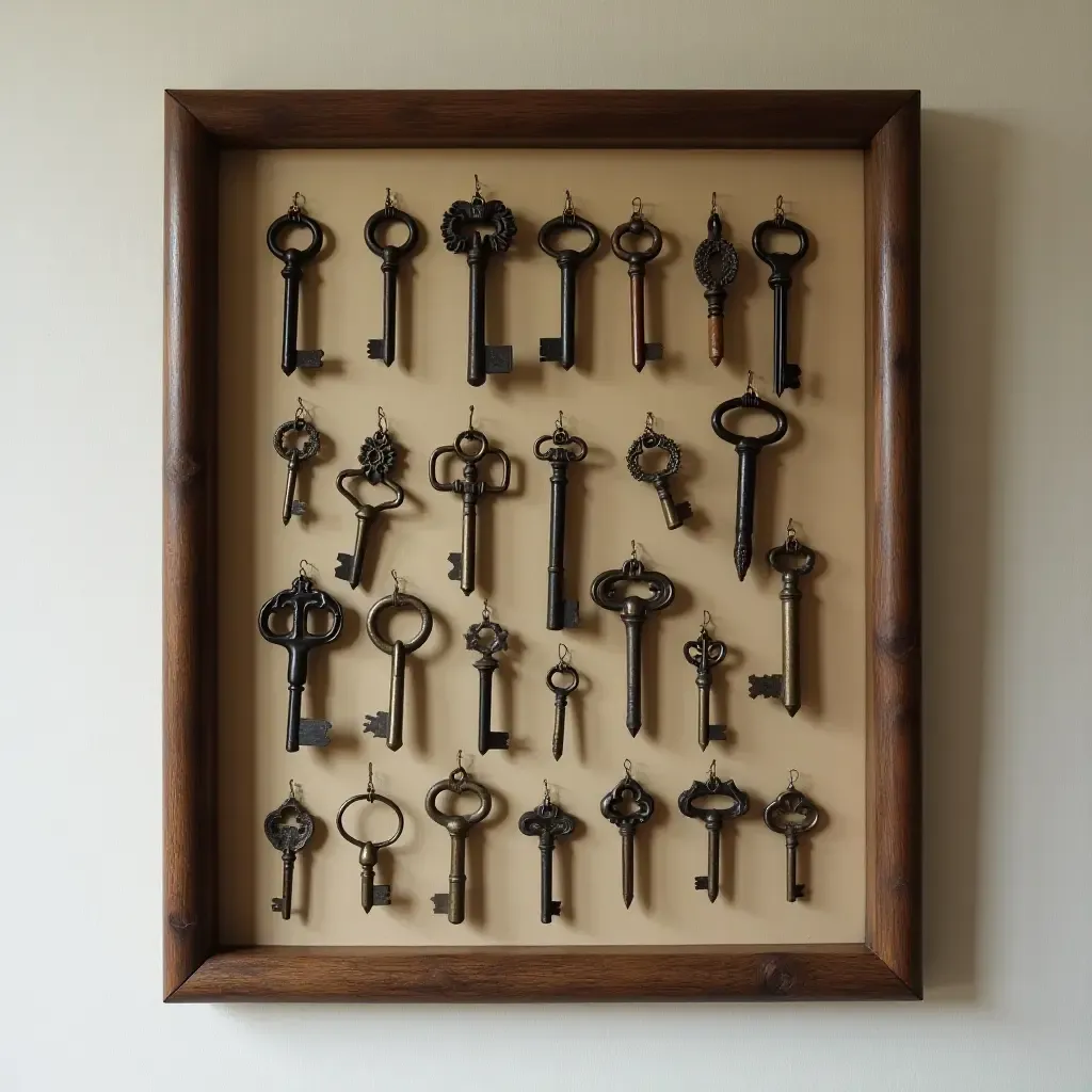 a photo of a collection of vintage keys framed on a wall