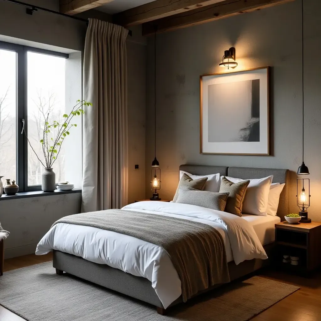 a photo of a small bedroom showcasing a mix of industrial and rustic elements