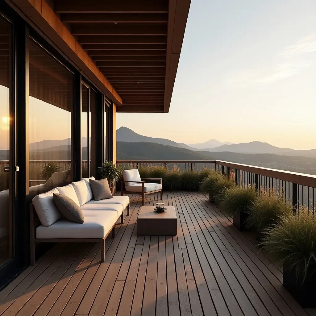 a photo of a balcony with a wooden deck and comfortable seating