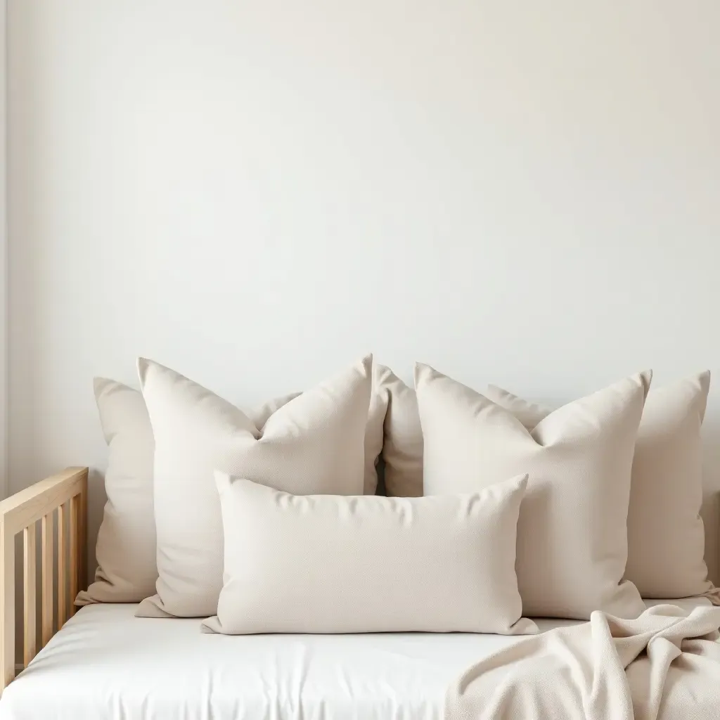 a photo of a minimalist nursery with neutral-toned throw pillows