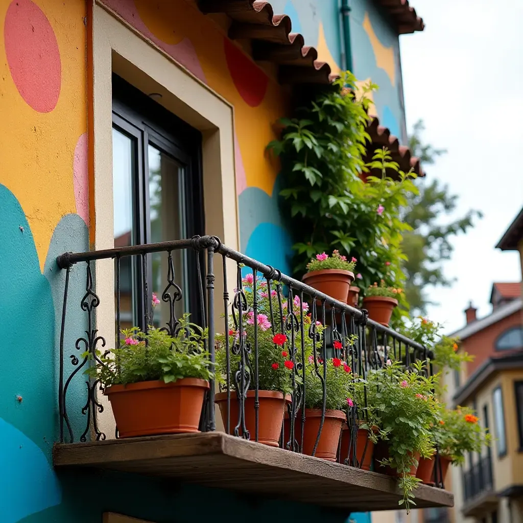 a photo of a balcony adorned with a colorful mural and planters