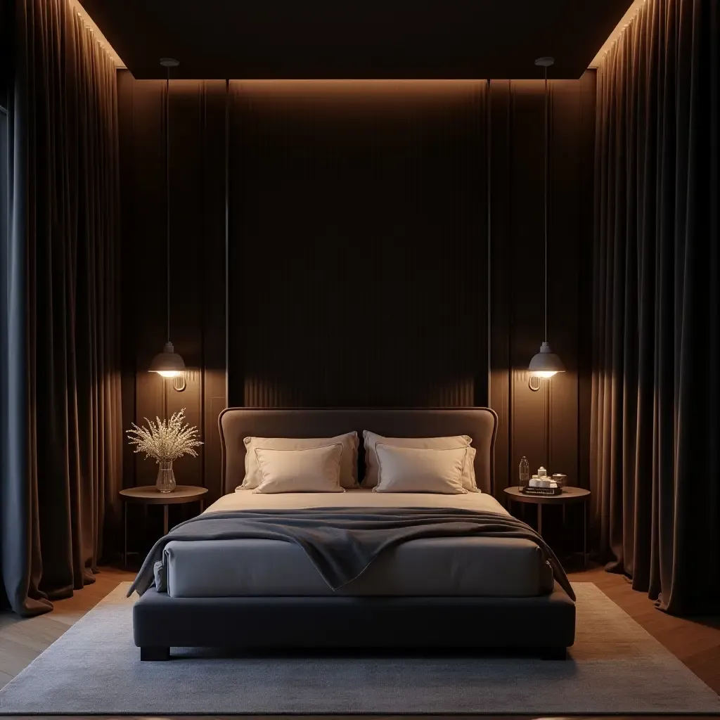 a photo of a master bedroom with dark velvet curtains and soft ambient lighting