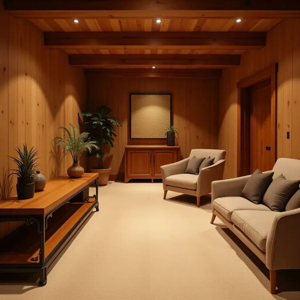 a photo of a basement with wooden furniture and warm colors