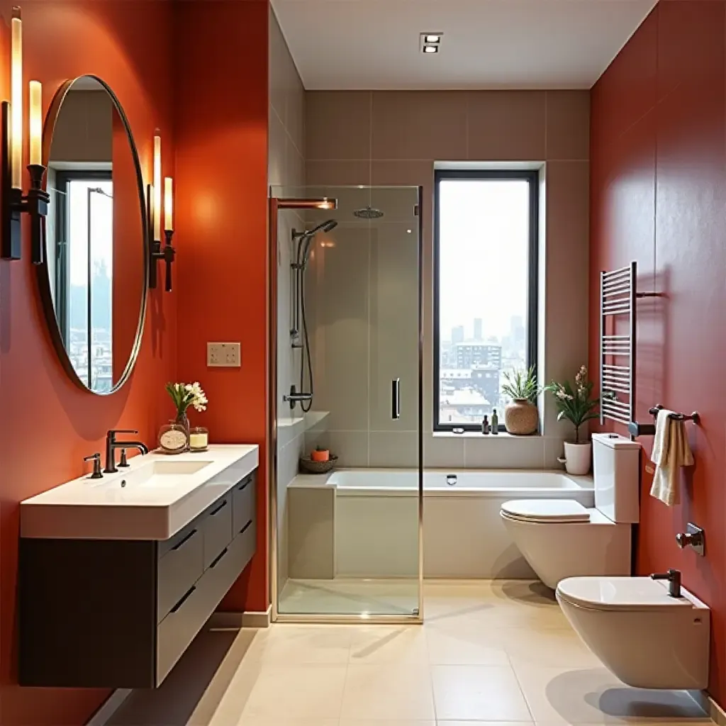 a photo of a bold bathroom design featuring metallic accents and vibrant colors