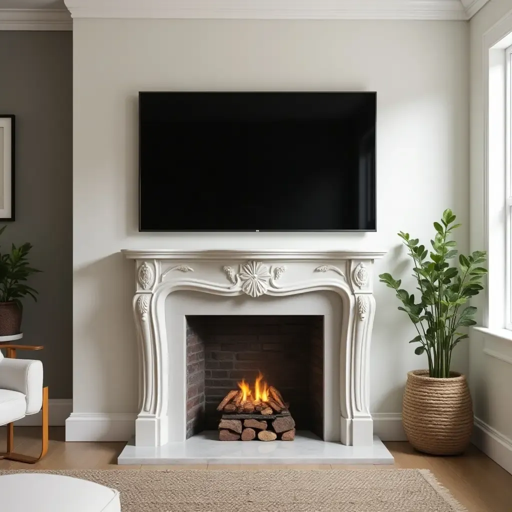 a photo of a small living room featuring a TV mounted above a decorative fireplace