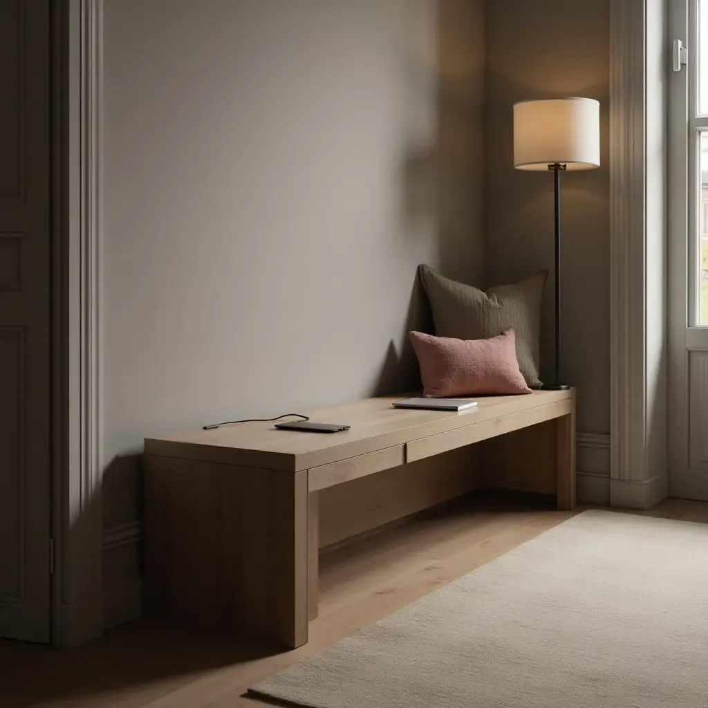 a photo of a sleek, modern bench with integrated charging ports in a tech-savvy entryway