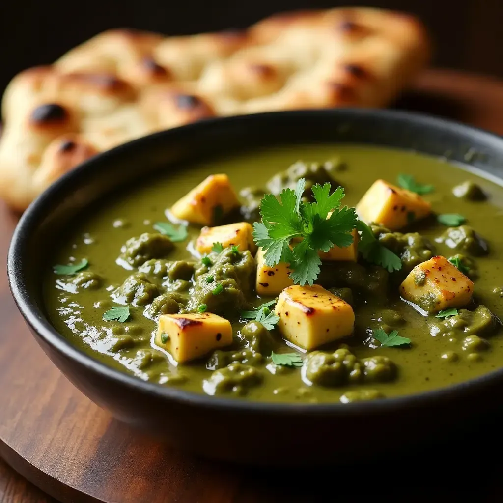 a photo of rich and creamy palak paneer with garlic naan, garnished with fresh coriander, warm tones