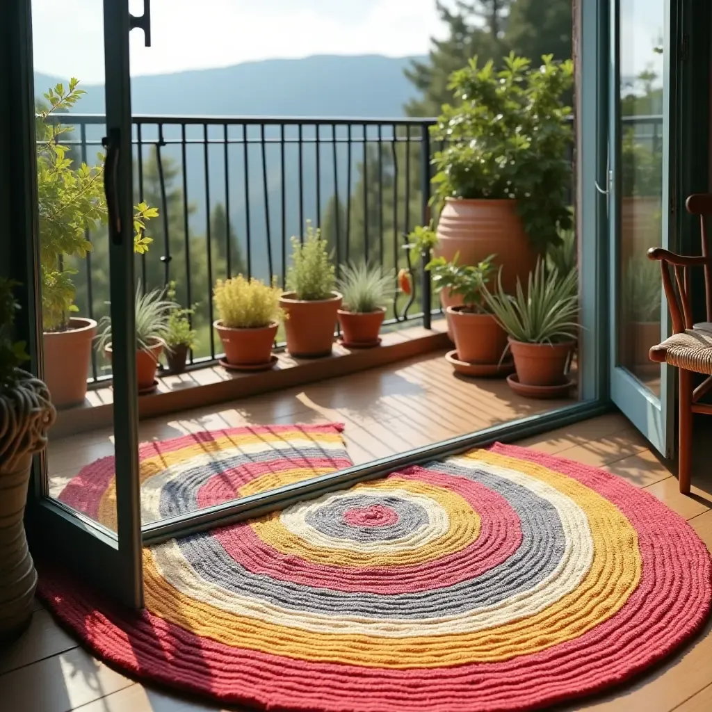 a photo of a colorful braided rug on a cheerful balcony