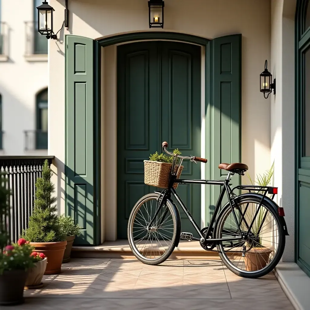 a photo of a balcony with a vintage bicycle as a decor piece