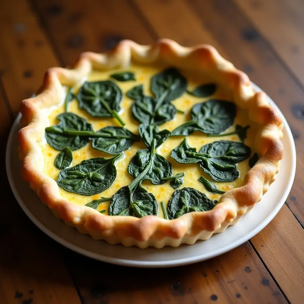 a photo of a delicate spinach and goat cheese quiche on a wooden table.