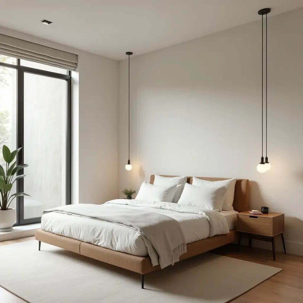 a photo of a minimalist master bedroom with neutral tones and natural wood accents