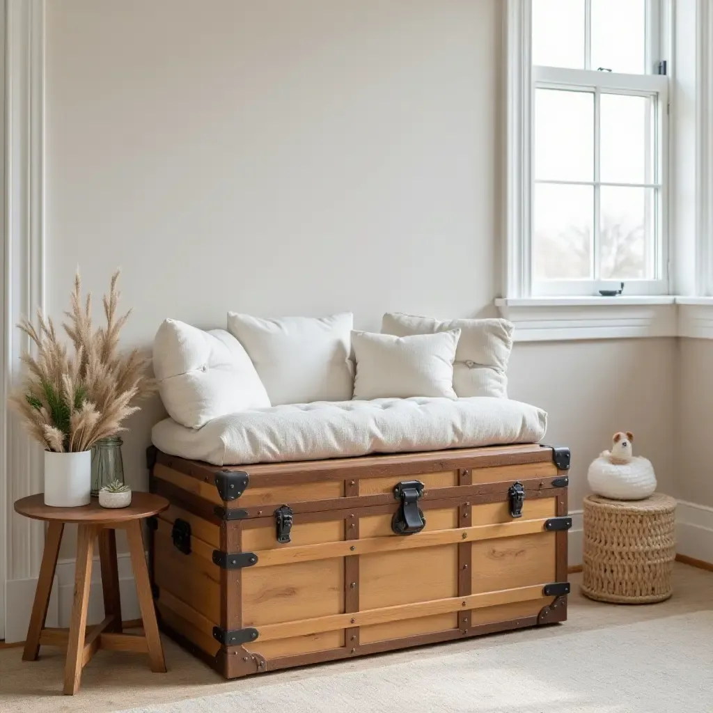 a photo of a nursery featuring a vintage trunk as storage