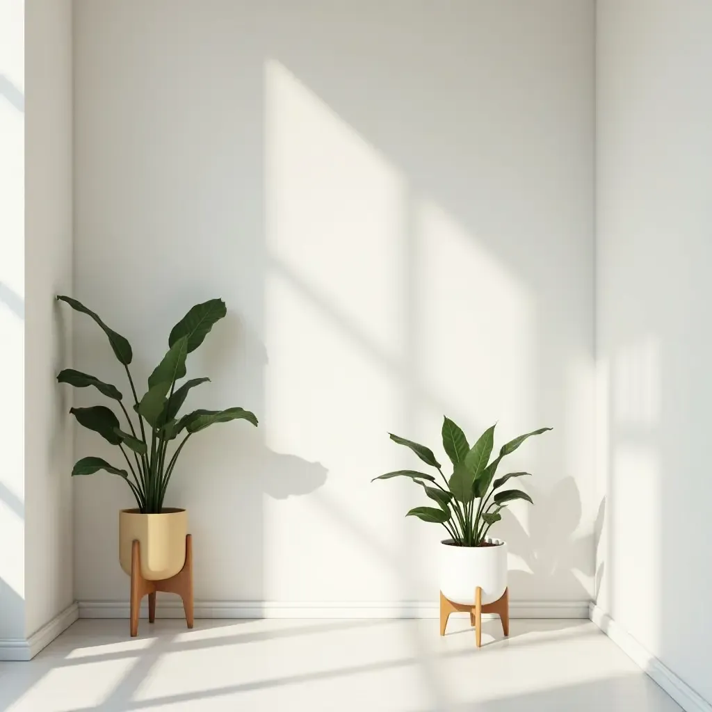 a photo of a wooden plant stand in a bright corridor