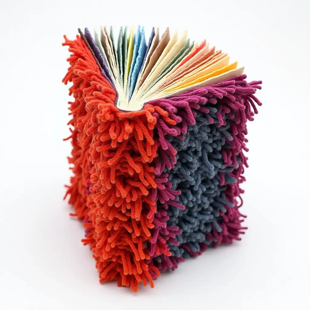 a photo of a colorful yarn art piece shaped like a book