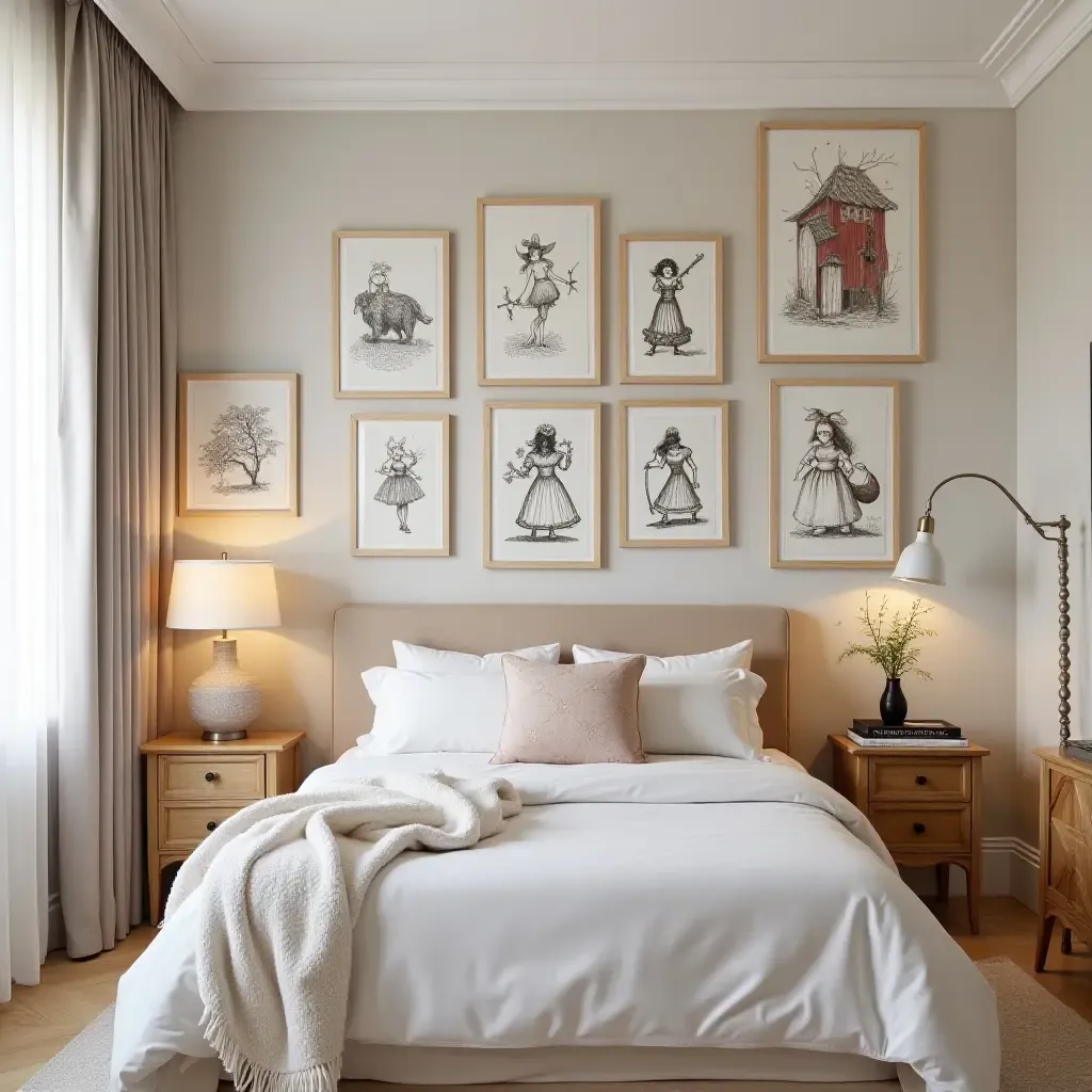 a photo of a whimsical bedroom with a gallery wall of fairy tale illustrations