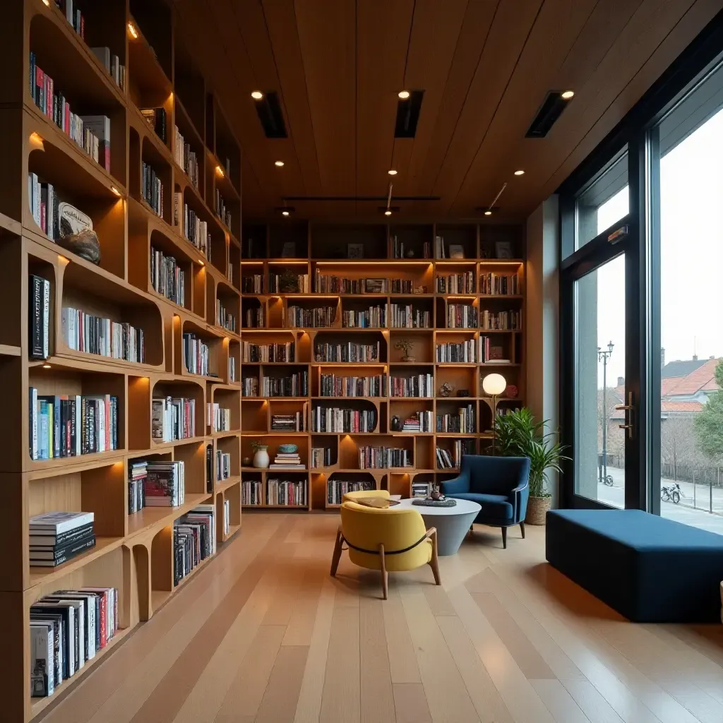 a photo of a library with a unique geometric bookshelf design