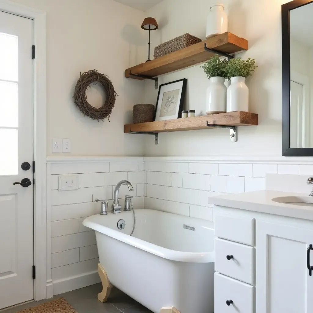 a photo of a bathroom with reclaimed wood shelves and farmhouse-style decor