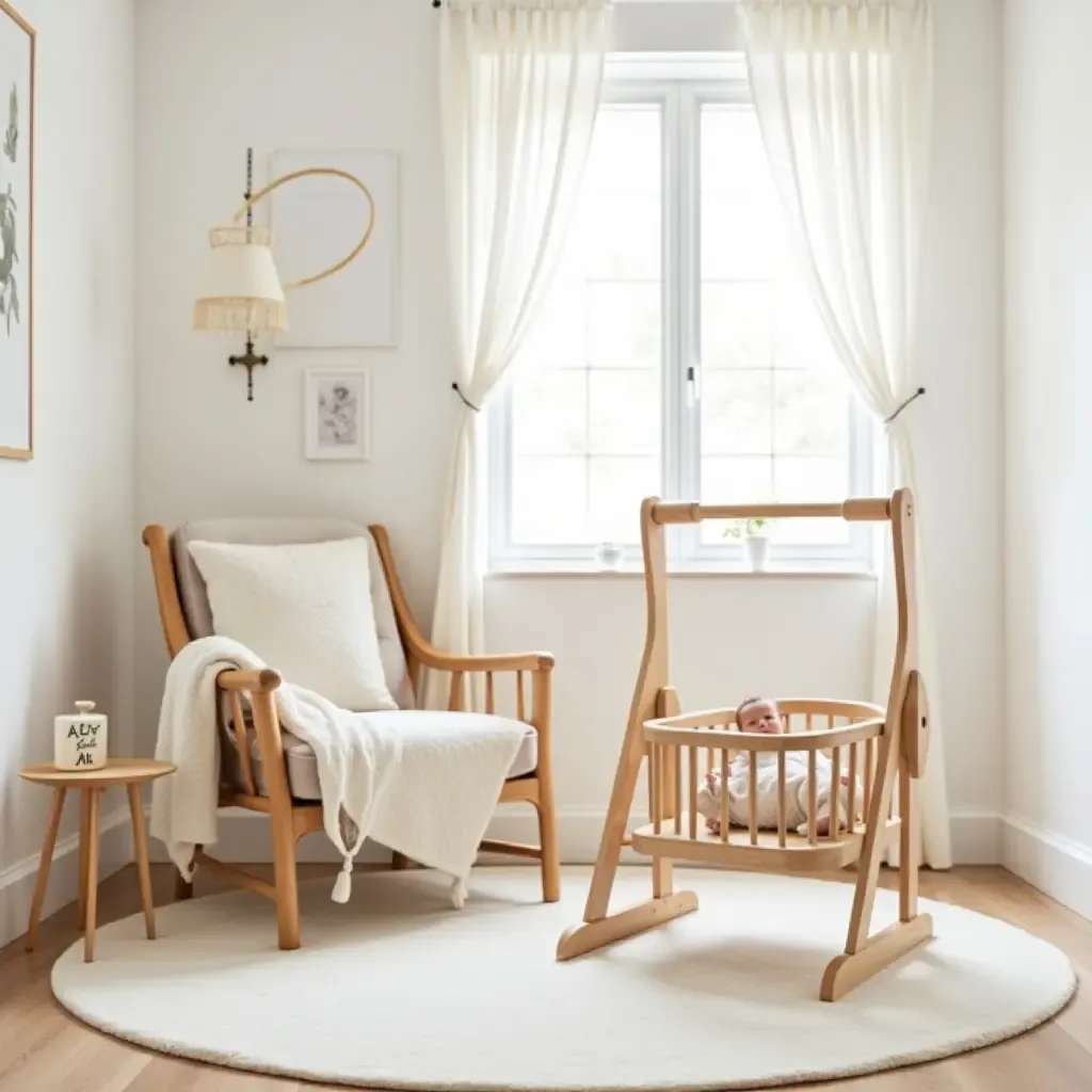 a photo of a nursery featuring a wooden baby swing