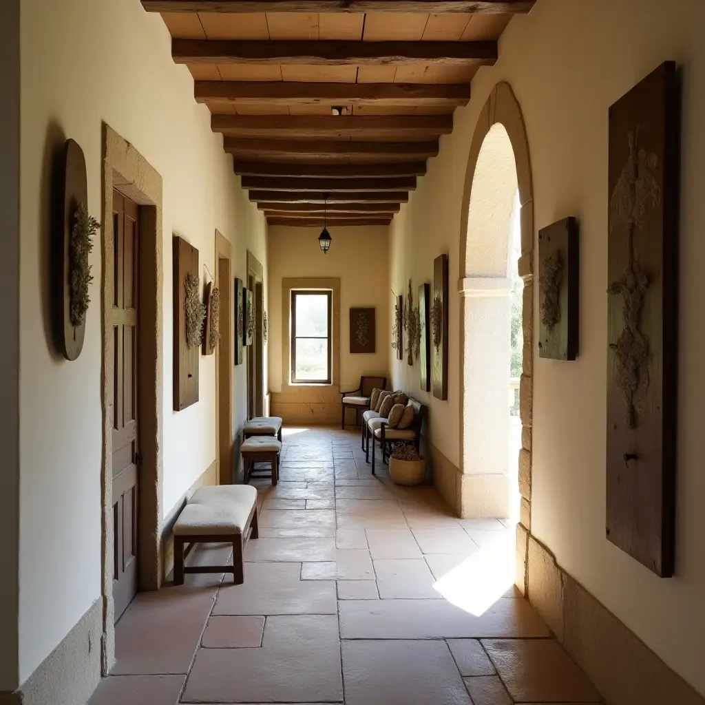 a photo of a quaint corridor with a collection of rustic wall art