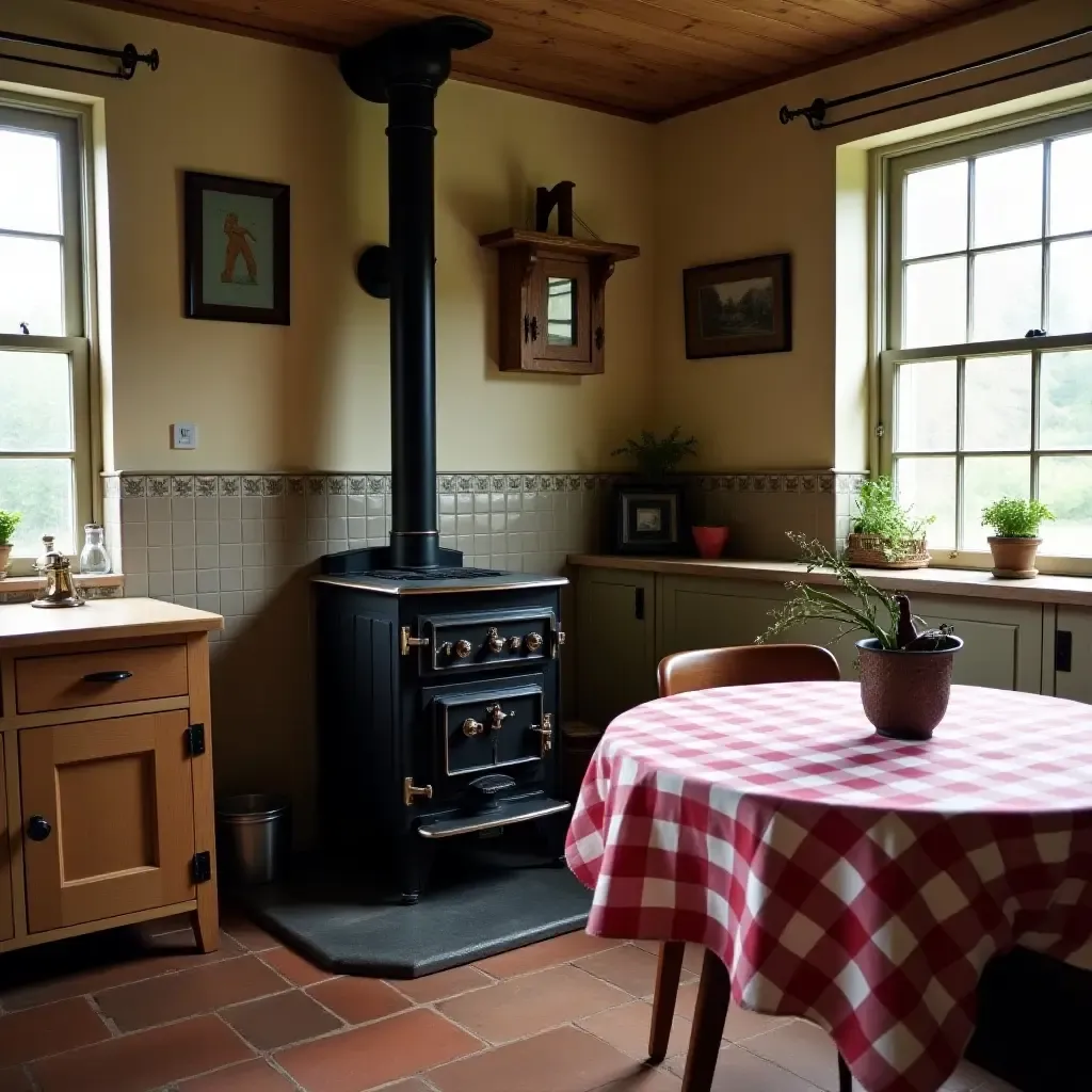 a photo of a quaint kitchen with a potbelly stove and checkered tablecloth