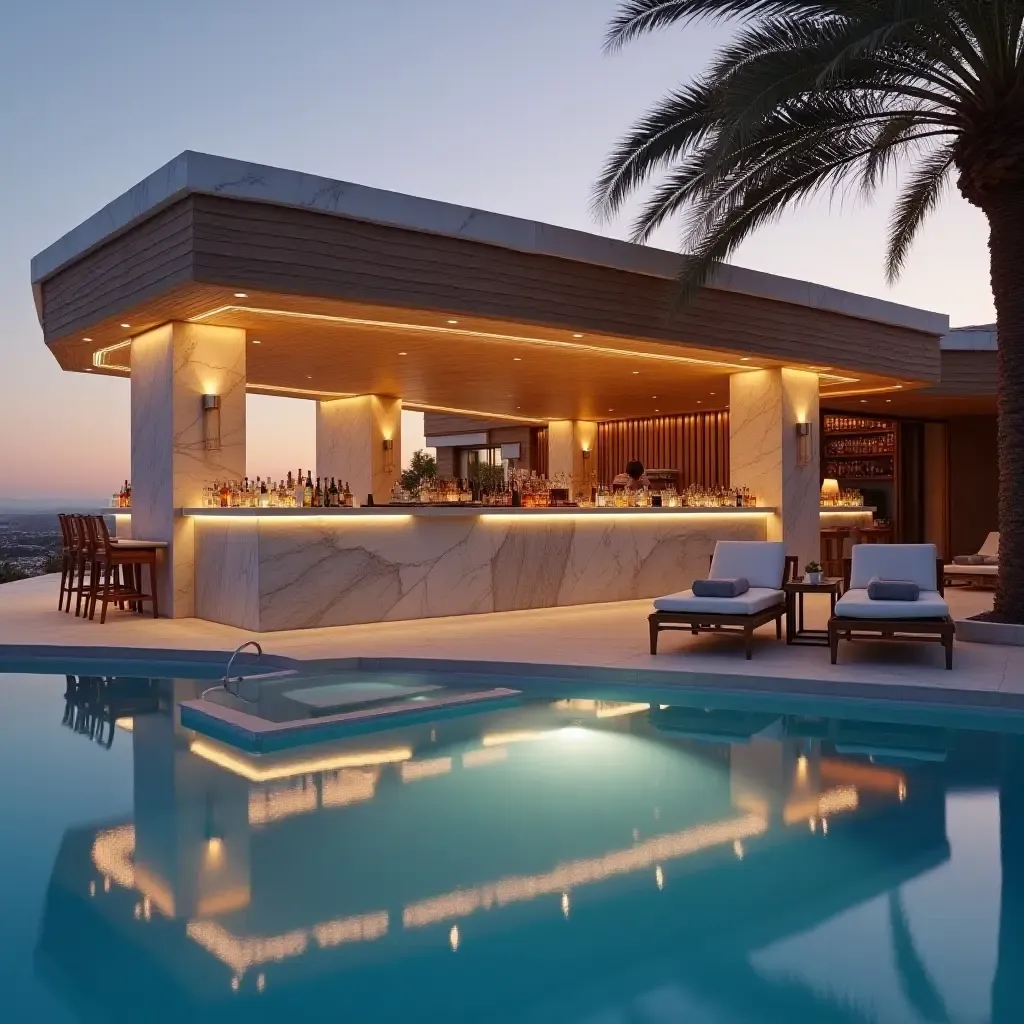 a photo of a marble poolside bar with stylish seating and ambient lighting at sunset