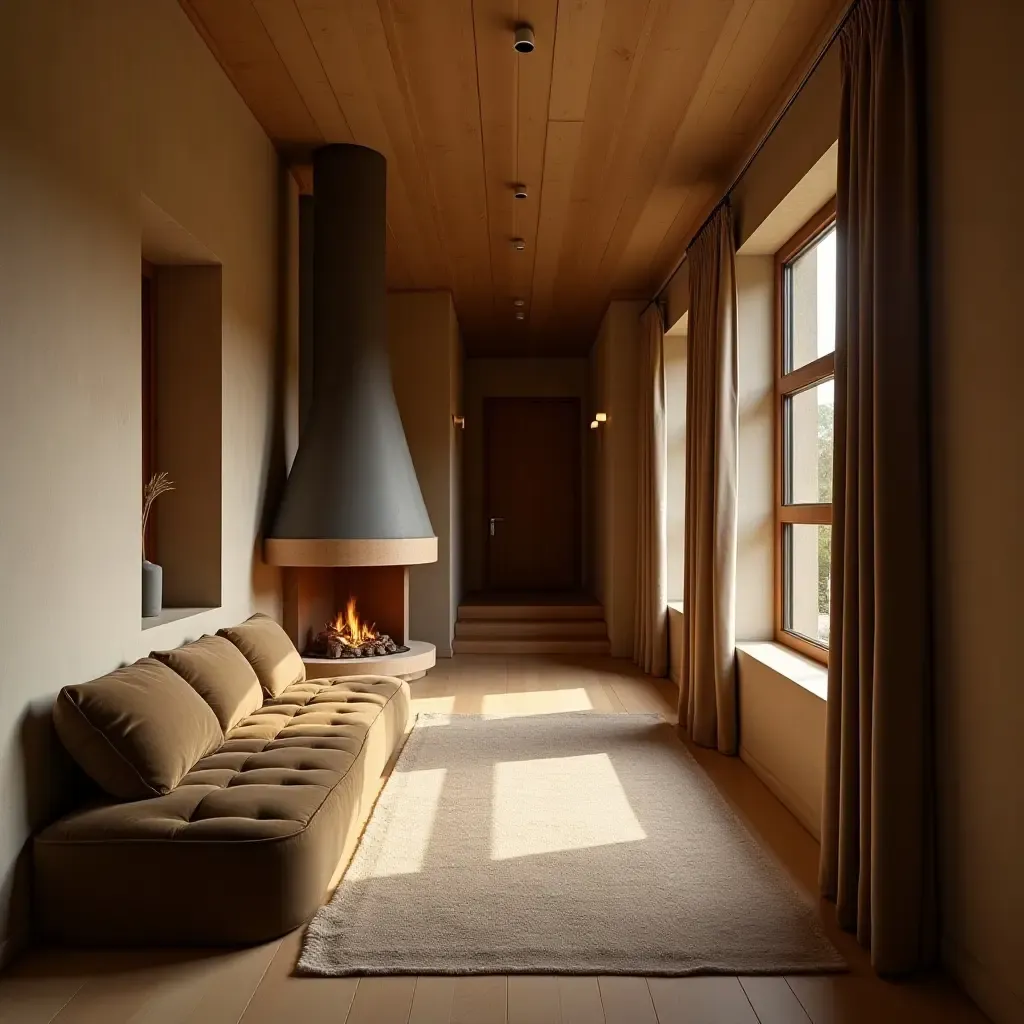 a photo of a cozy corridor with a small fireplace and seating