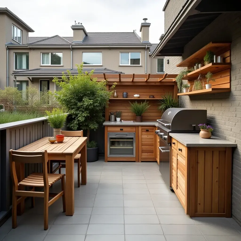 a photo of a balcony with a wooden outdoor kitchen setup