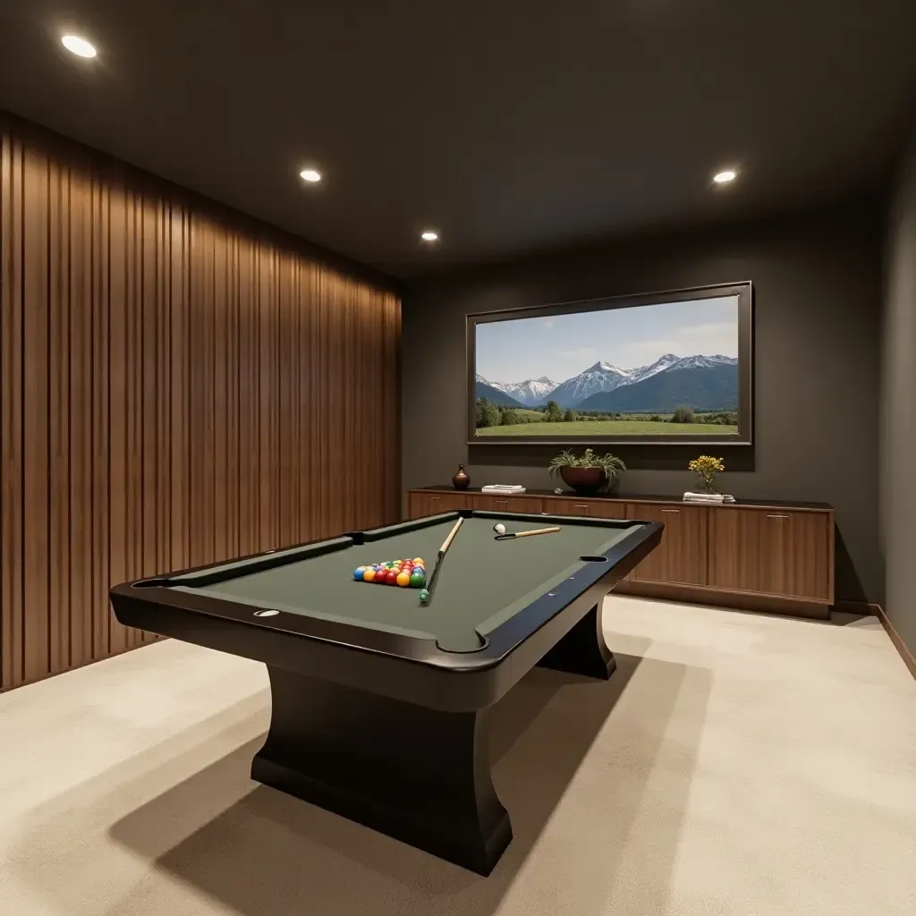 a photo of a minimalist basement game room with simple decor