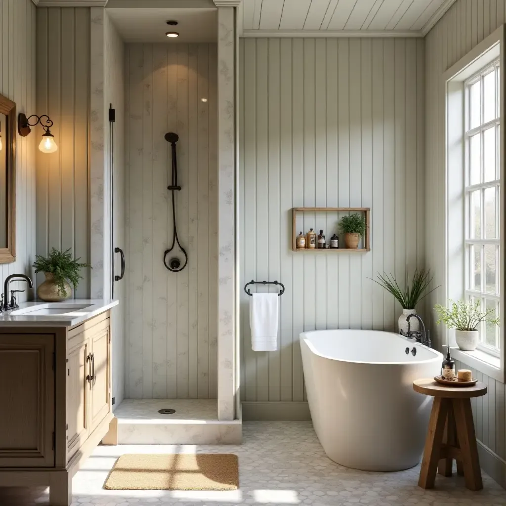 a photo of a bathroom with a vintage-inspired shower and rustic decor