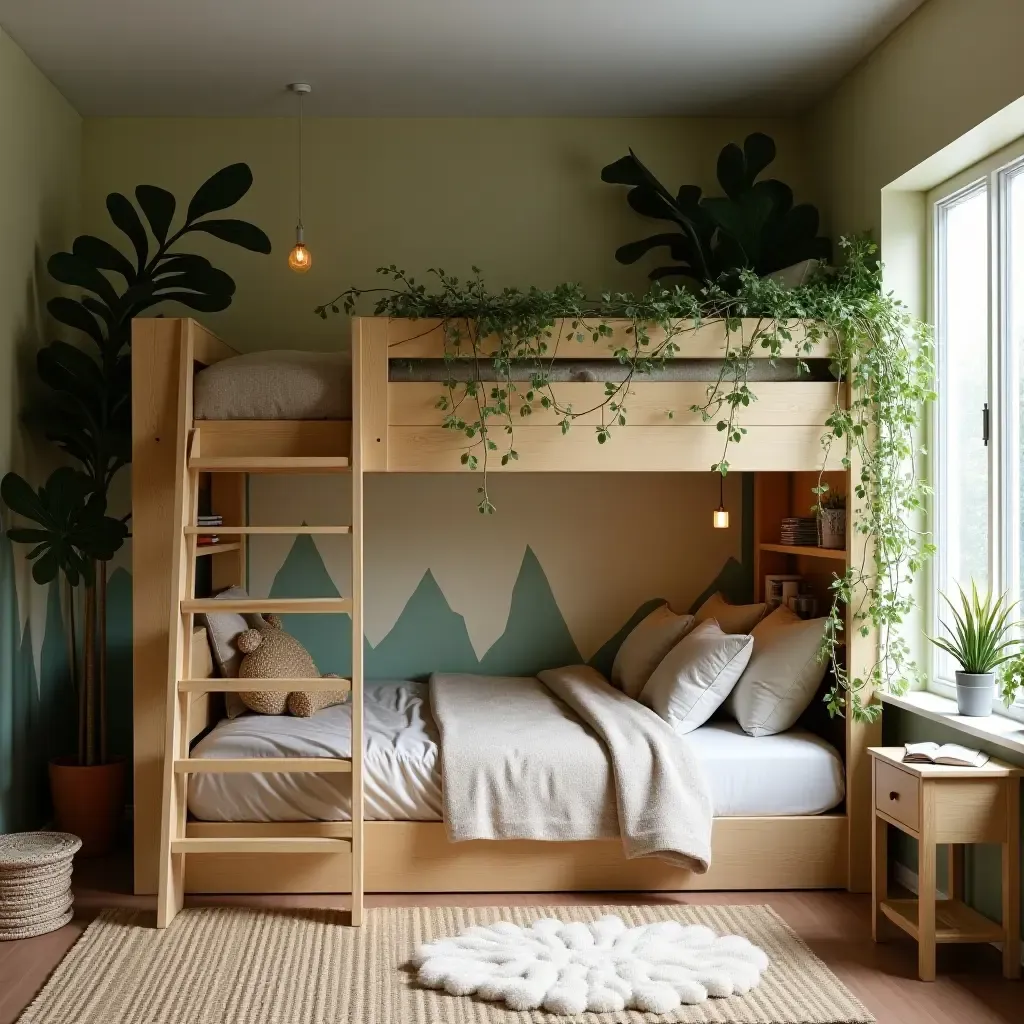 a photo of a loft bed with a nature-inspired theme and greenery