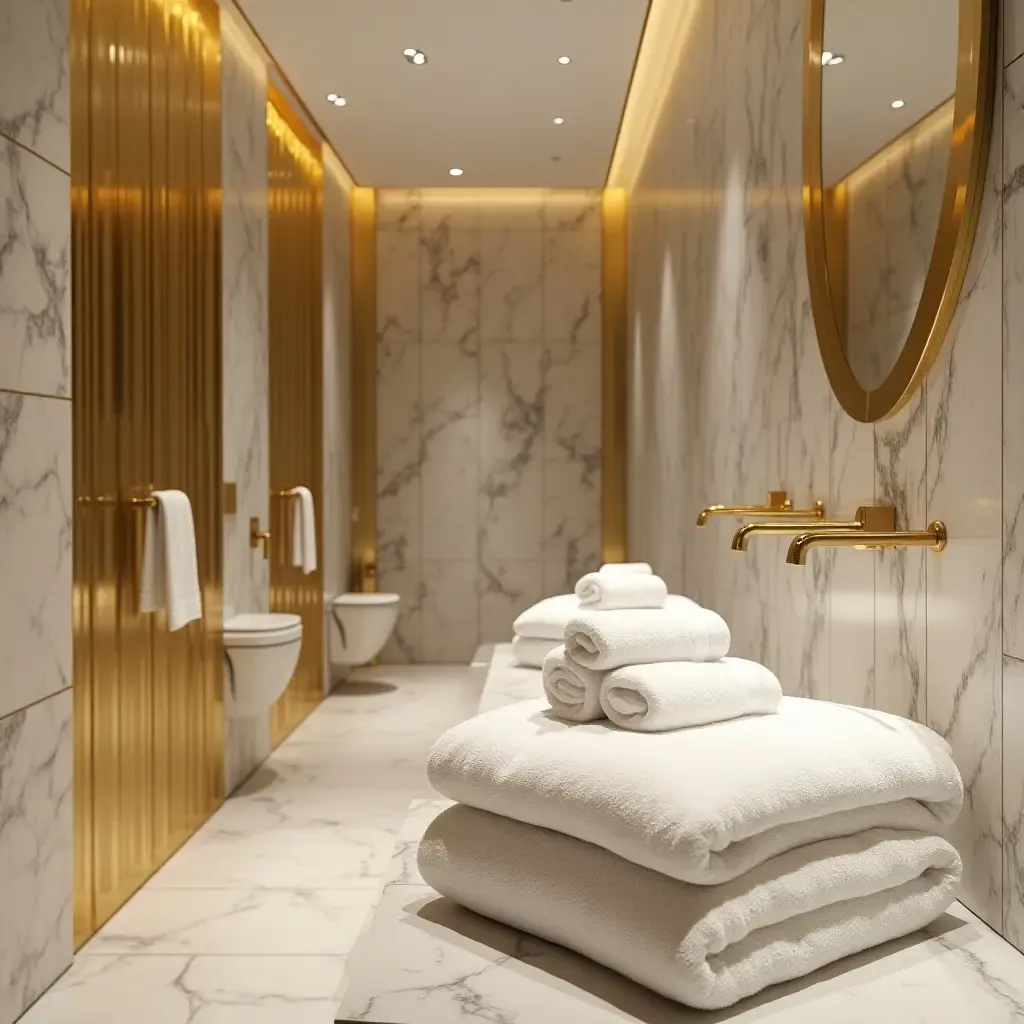 a photo of a luxurious bathroom with gold-accented tiles and plush towels